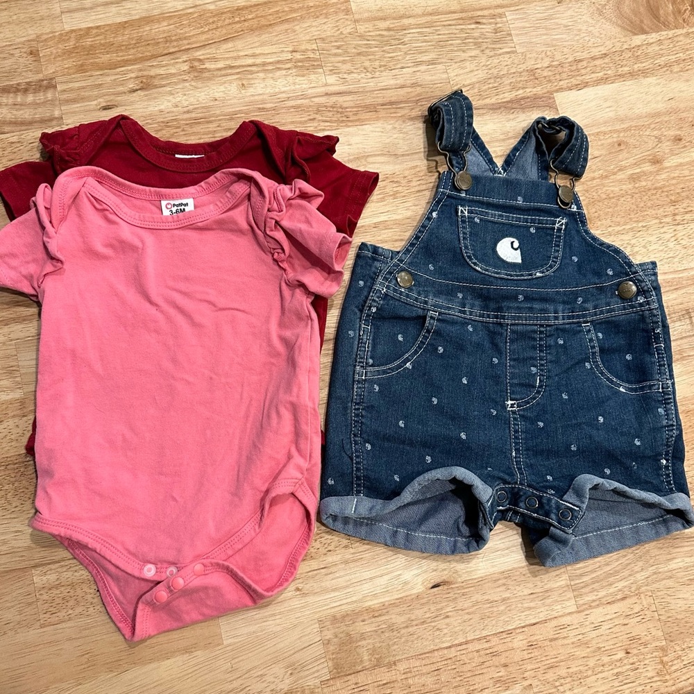 Carhartt Infant 6m denim shorts overall and offbrand onesies